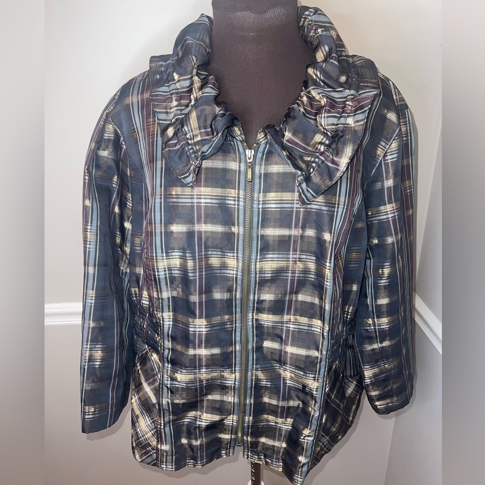 Claudia EV Jacket Womens Plus Sz 2X‎ Metallic Brown Plaid Zip Peter Pan Collar
